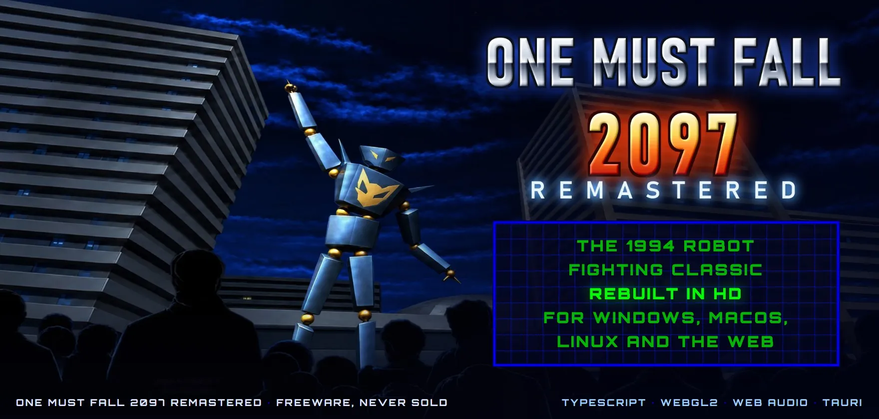 Key art: the robot on its stage under the searchlights, the logo beside it
