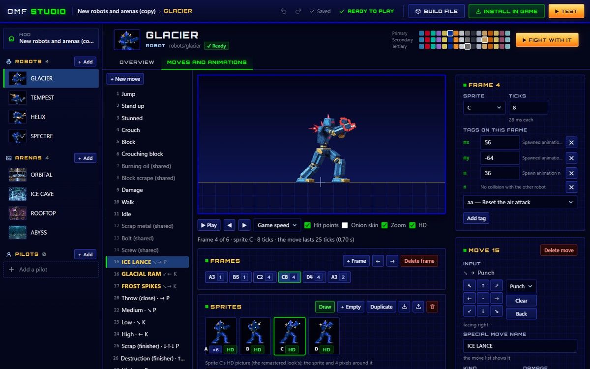 OMF Studio: Glacier's special move Ice Lance with its frames, tags, input and HD pictures